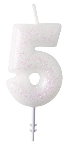 Farbe Weiße, weiße Glitzerkerze Nummer 5, 6,5 cm
