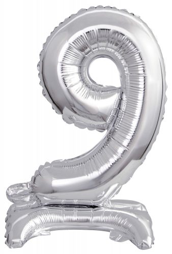 silver, silber mini Nummer 9 Folienballon mit Sockel 38 cm
