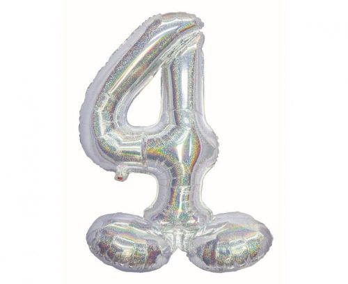 Holographic Silver, Silber Nummer 4 Folienballon mit Sockel 72 cm