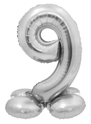 Silber 9 silver Nummer Folienballon mit Standfuß 72 cm