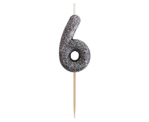 Nummer Glitter Schwarz, Schwarze Geburtstagskerze, Kuchenkerze Nummer 6