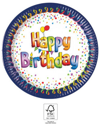 Geburtstag Multicolor Happy Birthday Pappteller 8 Stk 20 cm FSC