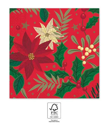 Holly Poinsettia Weihnachten Serviette (20 Stücke) 33x33 cm FSC