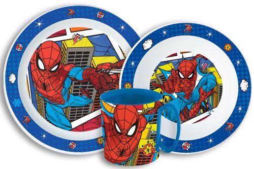 Spiderman Grid Geschirrset, Mikrokunststoff-Set mit Becher 350 ml